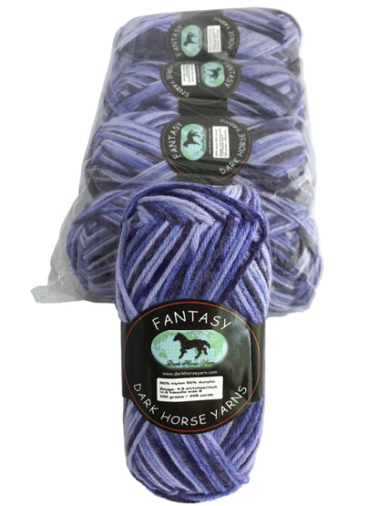 Three skeins of purple yarn with 'Fantasy' labels on a white background