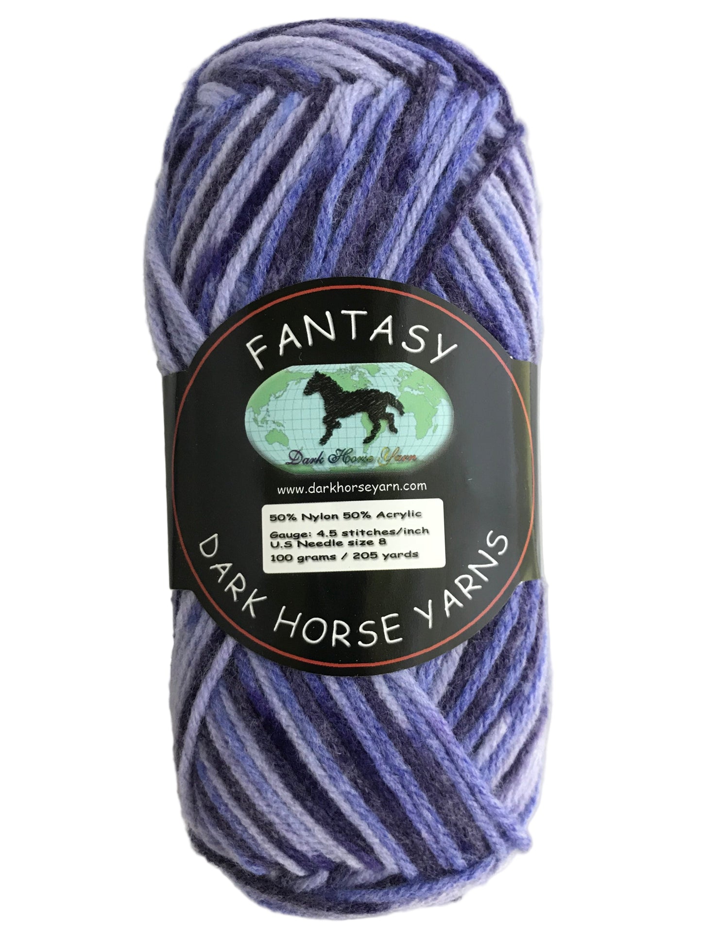 Blue skein of yarn with a label on a white background