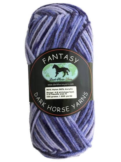 Blue skein of yarn with a label on a white background
