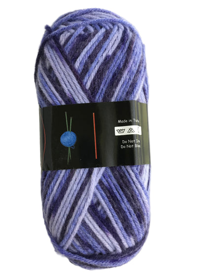 Blue and purple striped yarn ball with a label on a white background