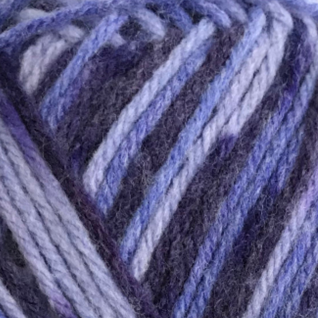Blue and purple striped yarn ball with a label on a white background