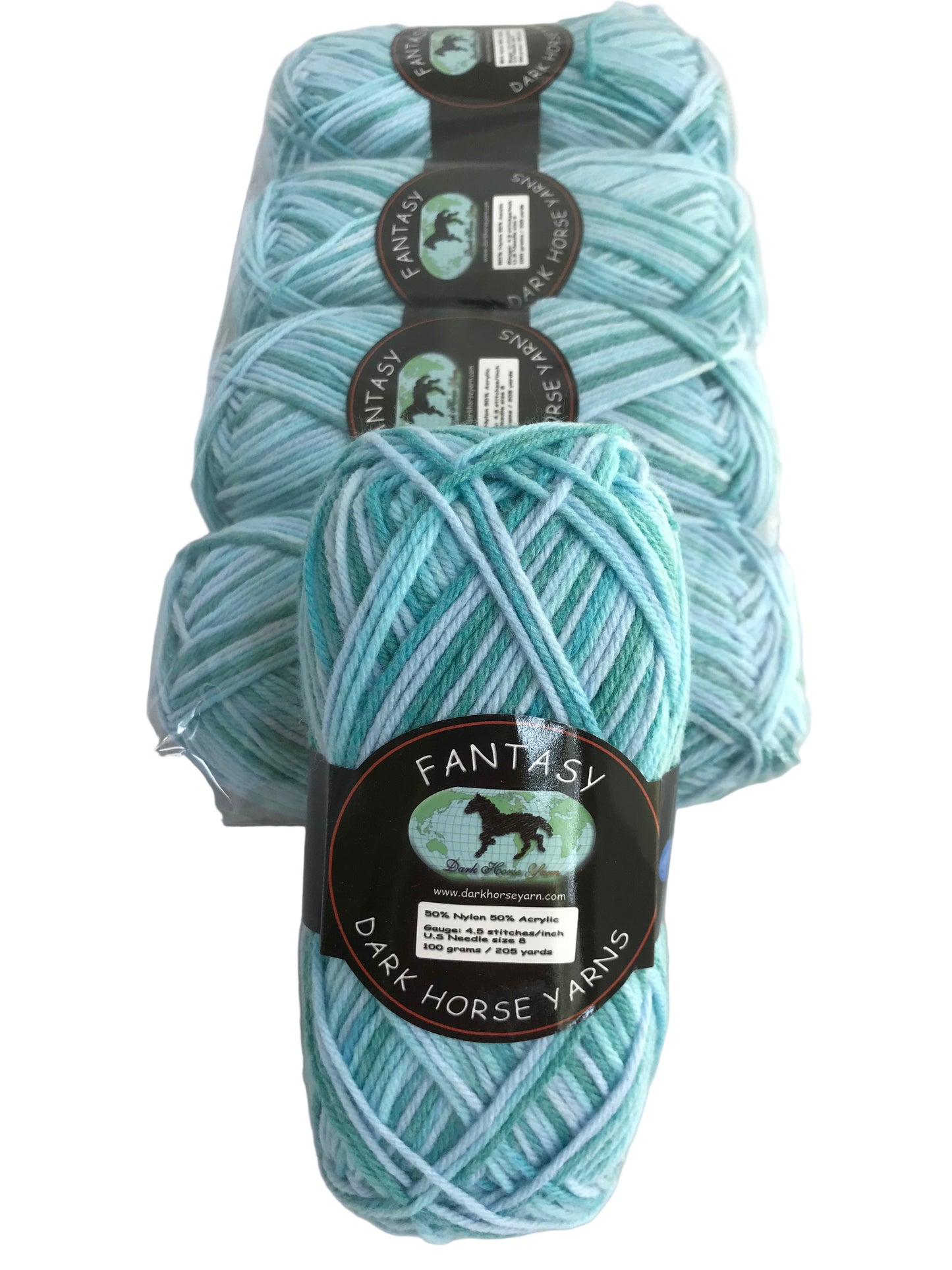 Three skeins of light blue yarn with labels on a white background