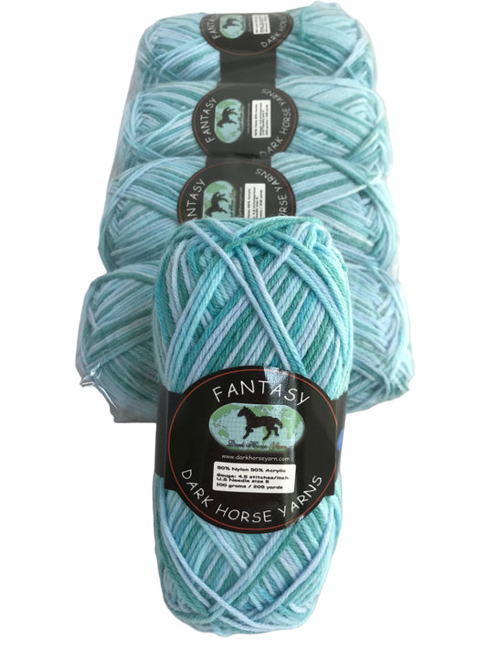 Three skeins of light blue yarn with labels on a white background