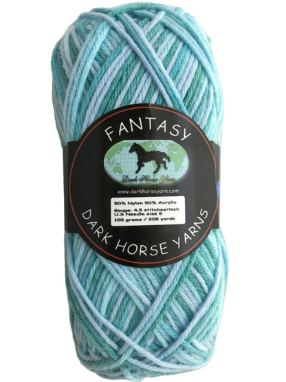 Turquoise skein of yarn with a Dark Horse Yarns label on a white background