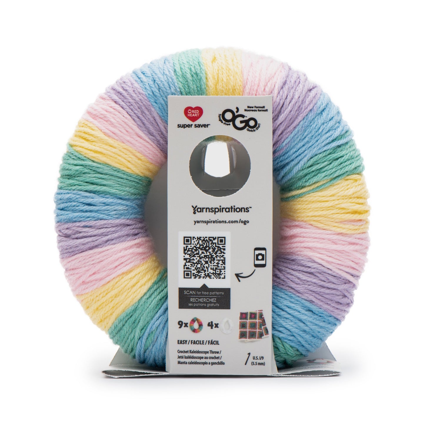 Pastel multicolor yarn on a white background with Yarnspirations packaging.