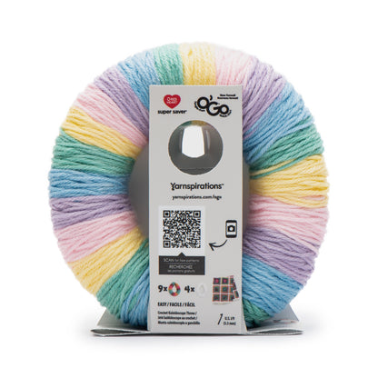 Pastel multicolor yarn on a white background with Yarnspirations packaging.