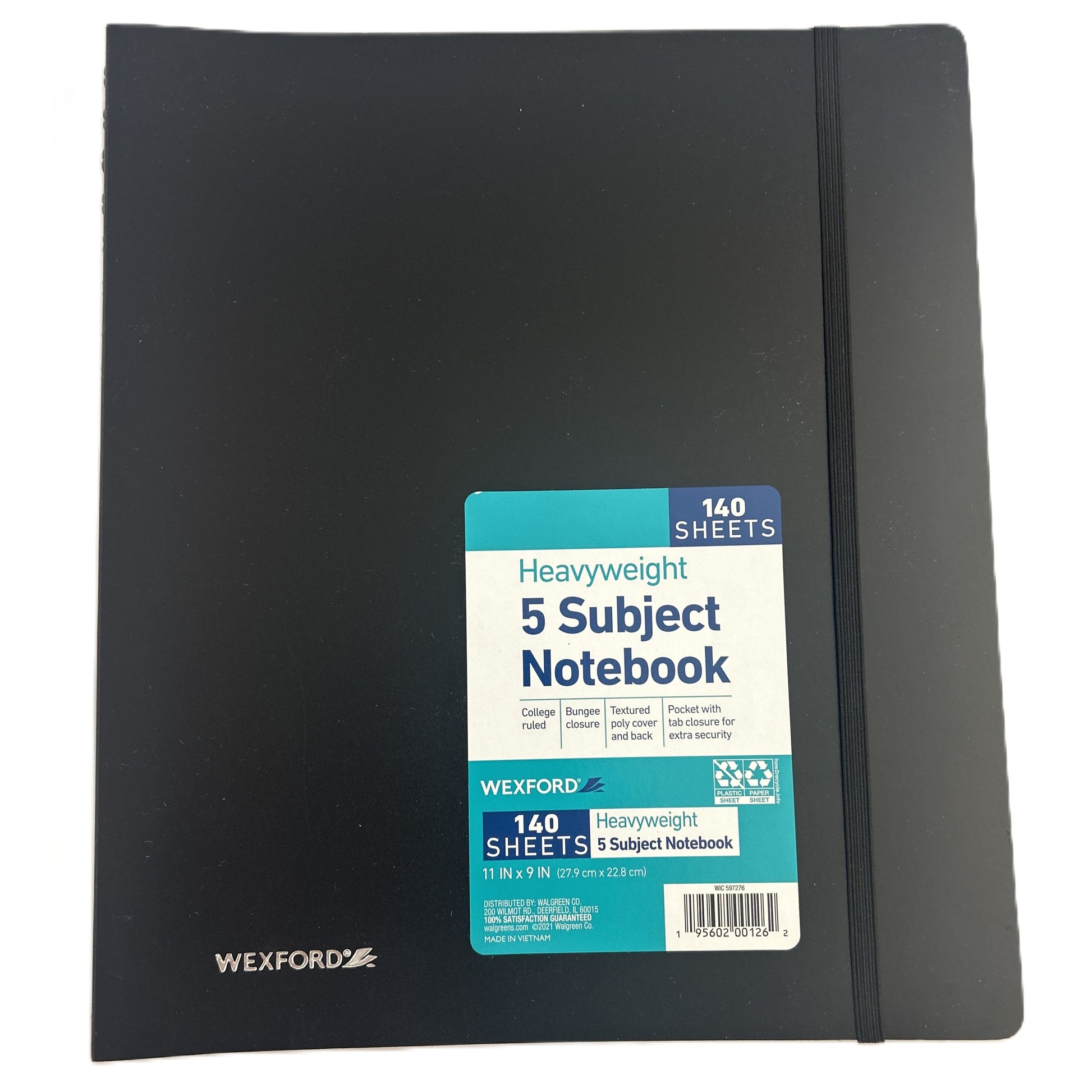 Black notebook with Wexford branding and a label indicating 140 sheets and 5 subjects.