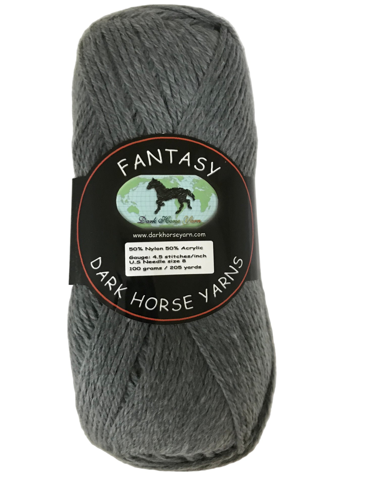 Gray skein of yarn with a label on a white background