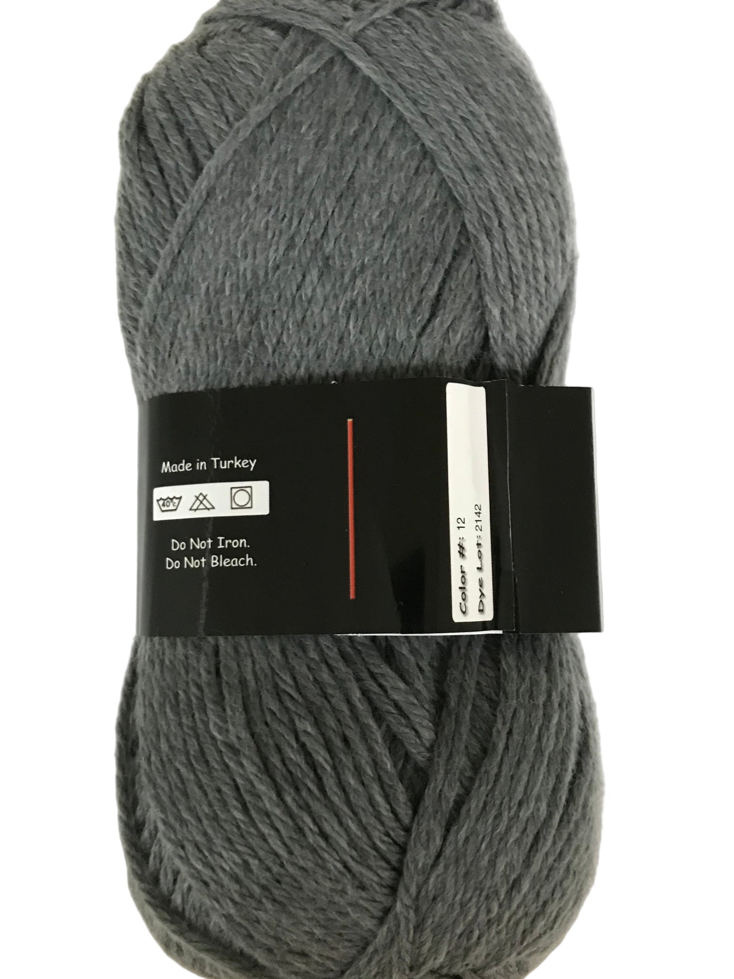Gray skein of yarn with a label on a white background