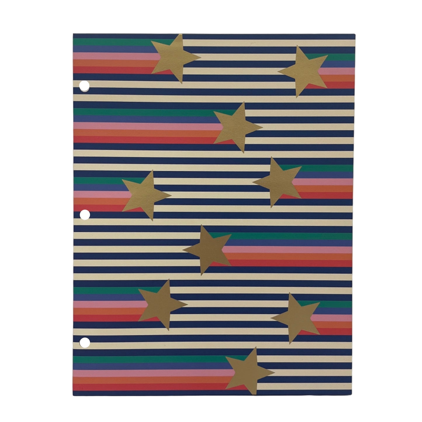 Notebook with striped pattern and gold stars on a white background