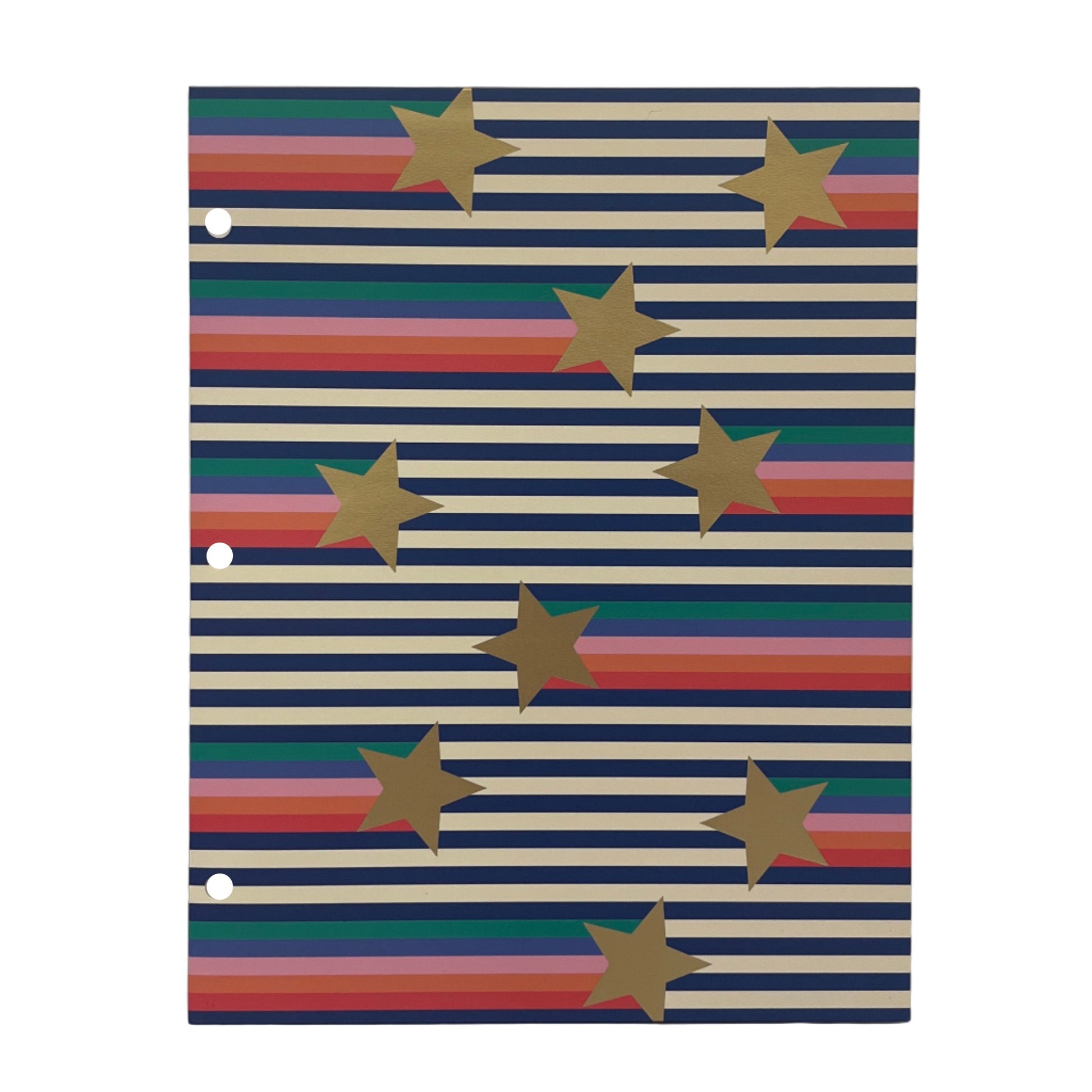 Notebook with striped pattern and gold stars on a white background