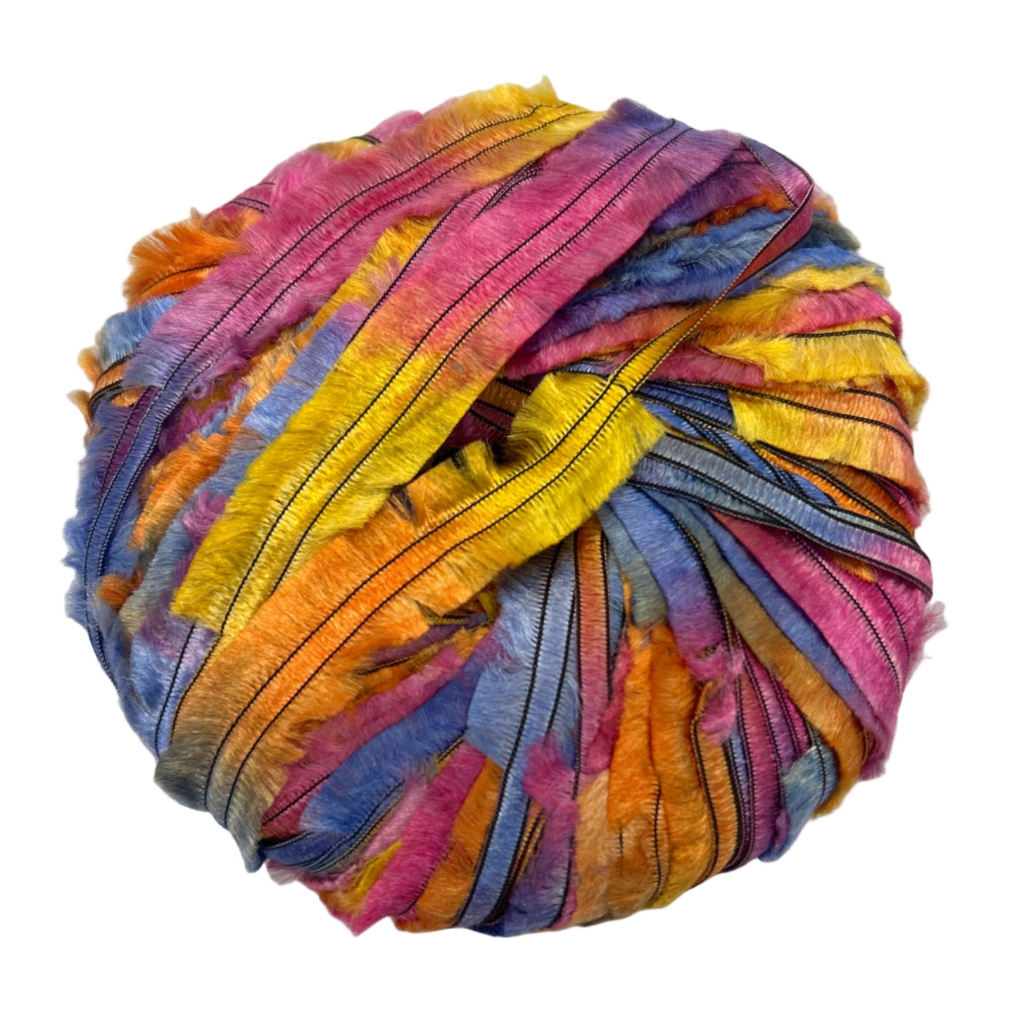 Multicolored skein of yarn on a white background