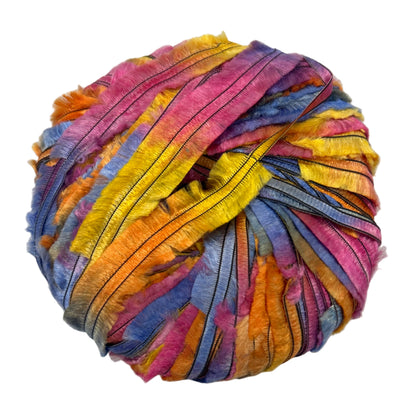 Multicolored skein of yarn on a white background