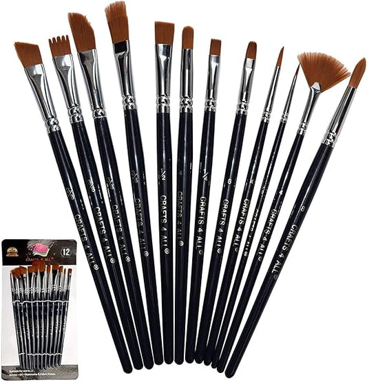 Set of 12 paintbrushes with black handles and silver ferrules, displayed with packaging on a white background.
