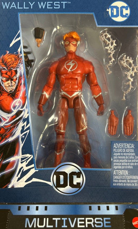 DC Multiverse Wally West action figure packaging on a wooden surface
