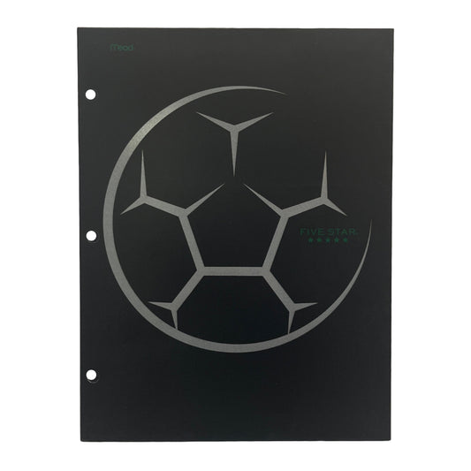 Black notebook with a soccer ball design on a white background