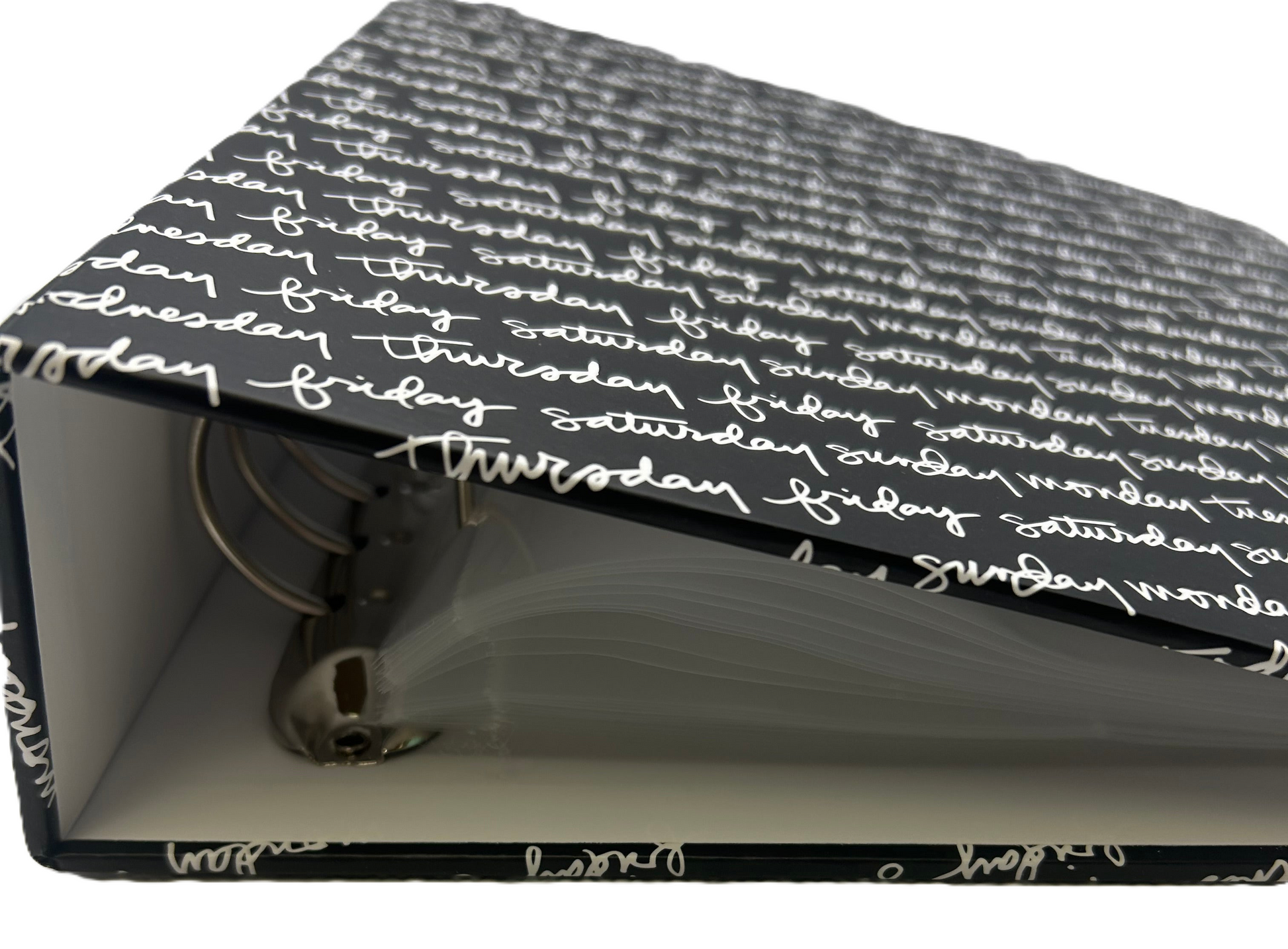 Black and white planner with text on a white background