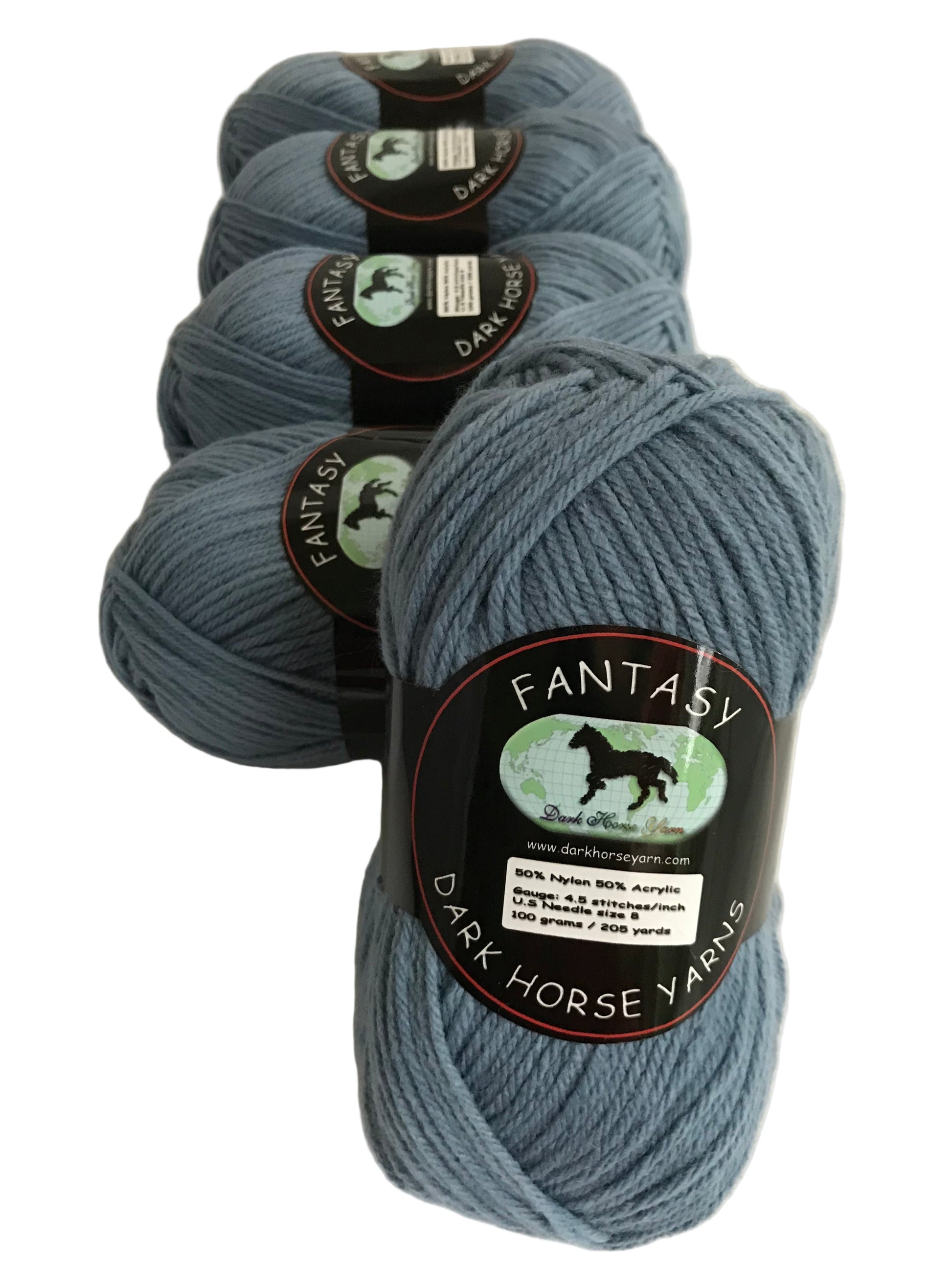 Five skeins of dark blue yarn with 'Fantasy Dark Horse Yarns' labels on a white background.
