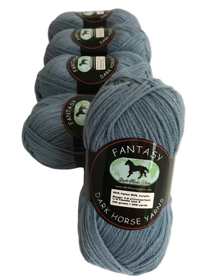 Five skeins of dark blue yarn with 'Fantasy Dark Horse Yarns' labels on a white background.