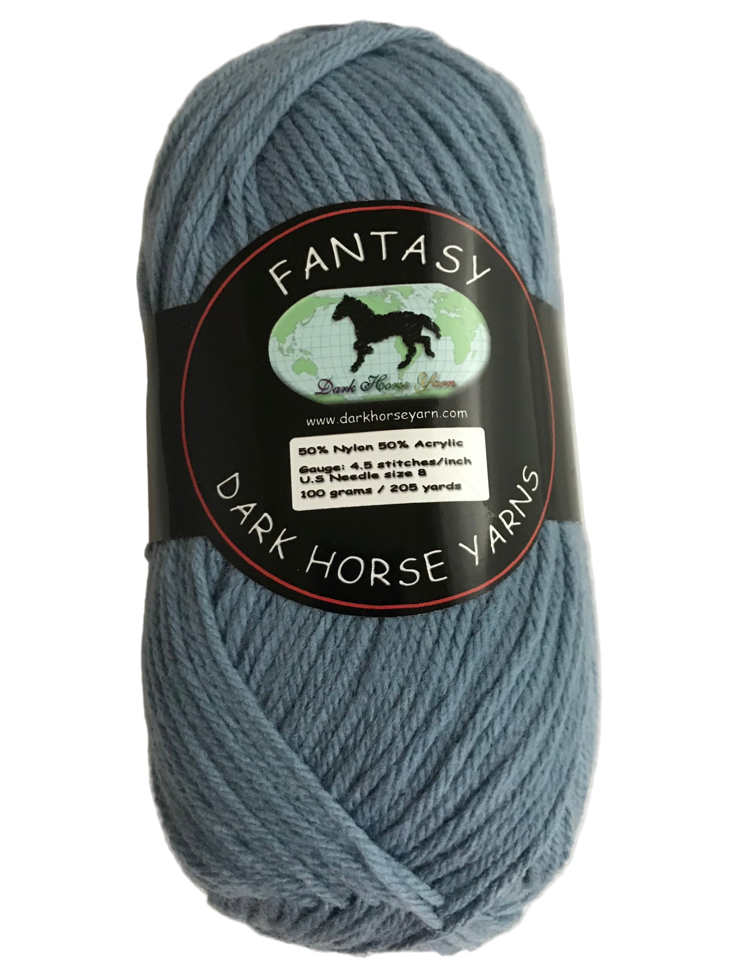 Ball of yarn with Dark Horse Yarns label on a white background