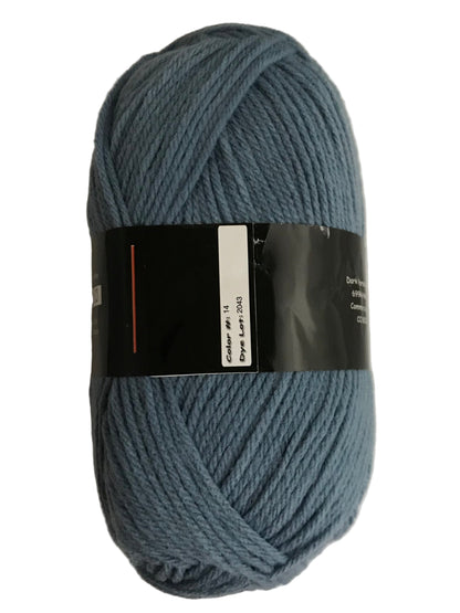 Blue skein of yarn with a label on a light gray background