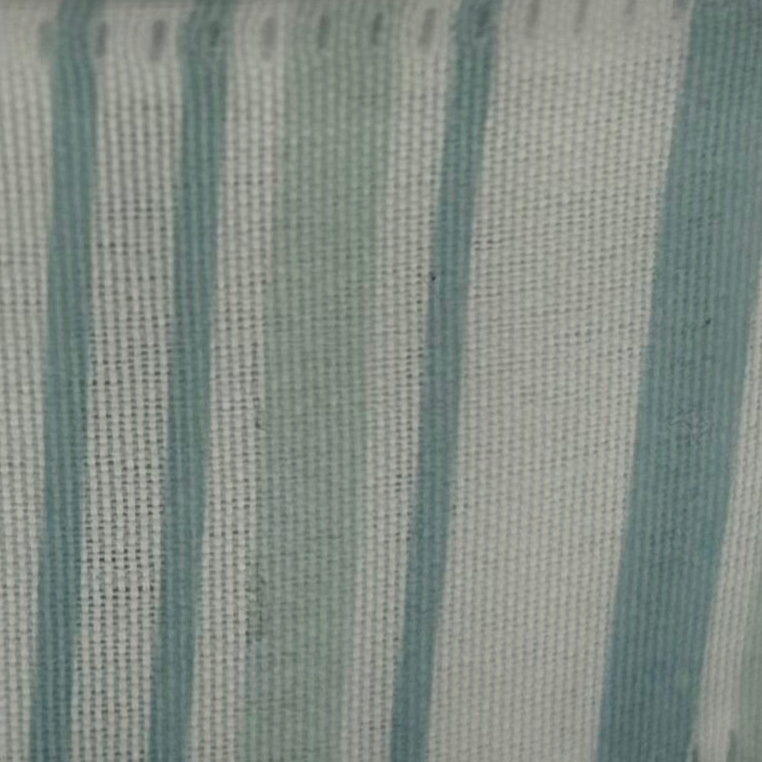 Close-up of fabric with horizontal teal stripes on a white background