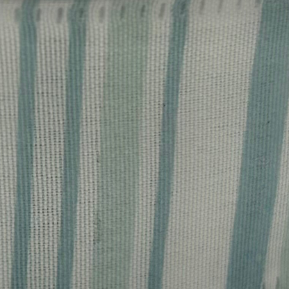 Close-up of fabric with horizontal teal stripes on a white background