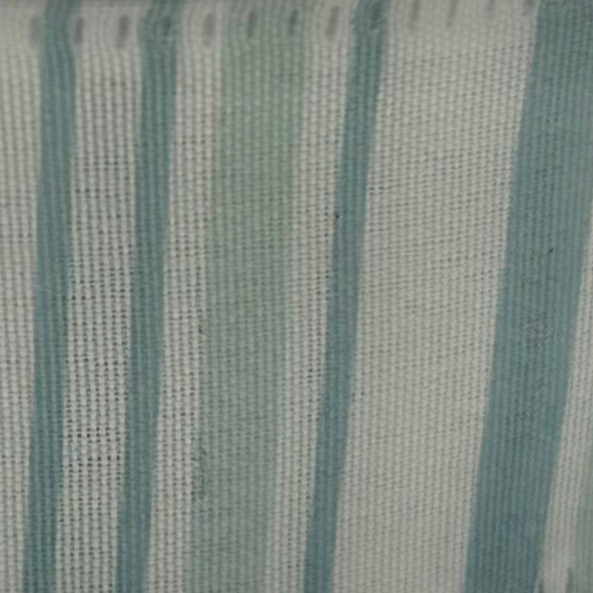 Close-up of fabric with horizontal teal stripes on a white background
