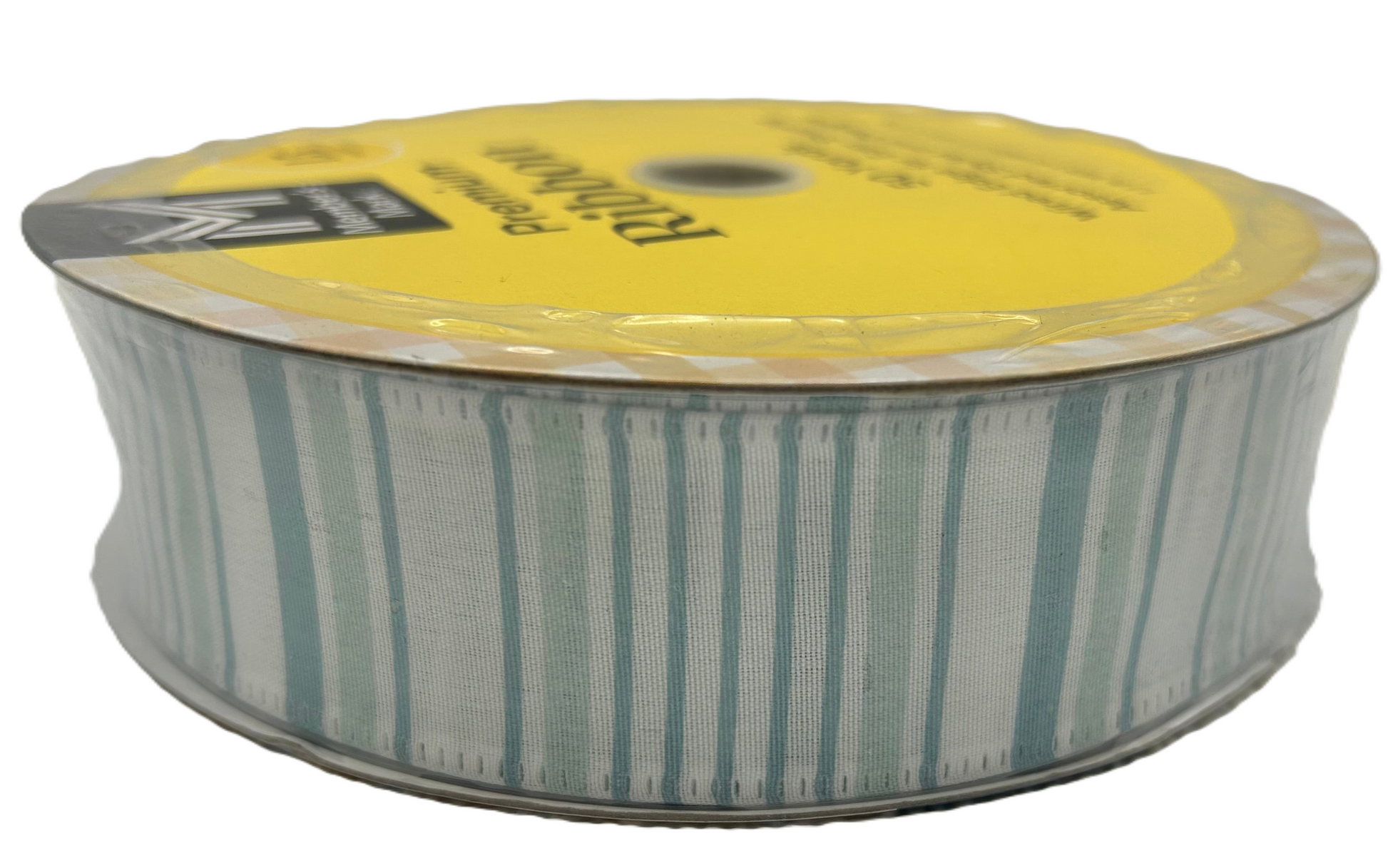 Spool of striped ribbon with a yellow label on a white background