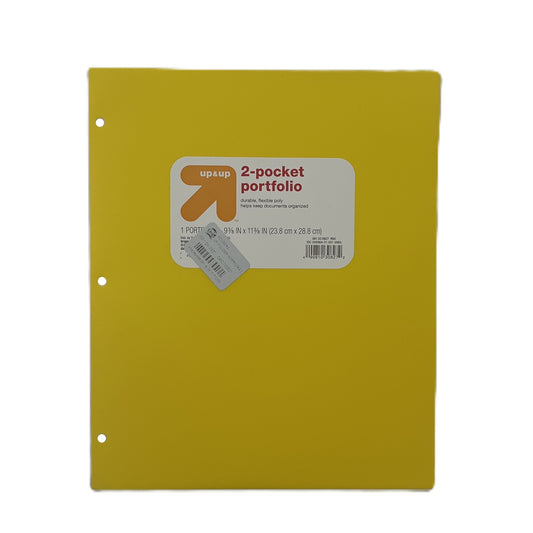 Yellow two-pocket portfolio with 'up & up' label on a white background