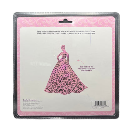 Package of a die set with a pink dress design on a white background
