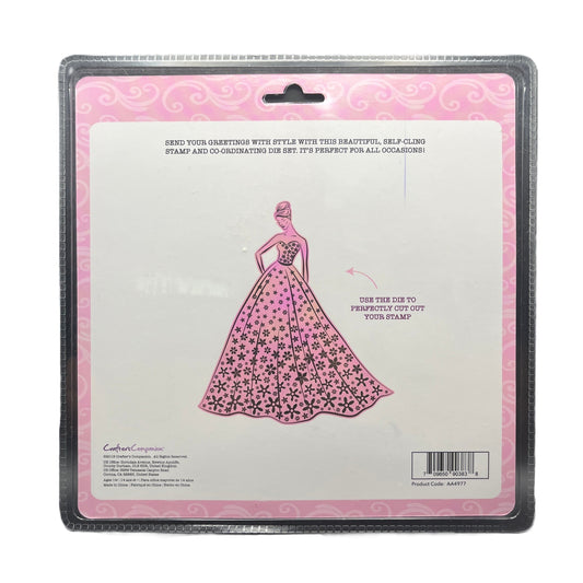 Package of a die set with a pink dress design on a white background