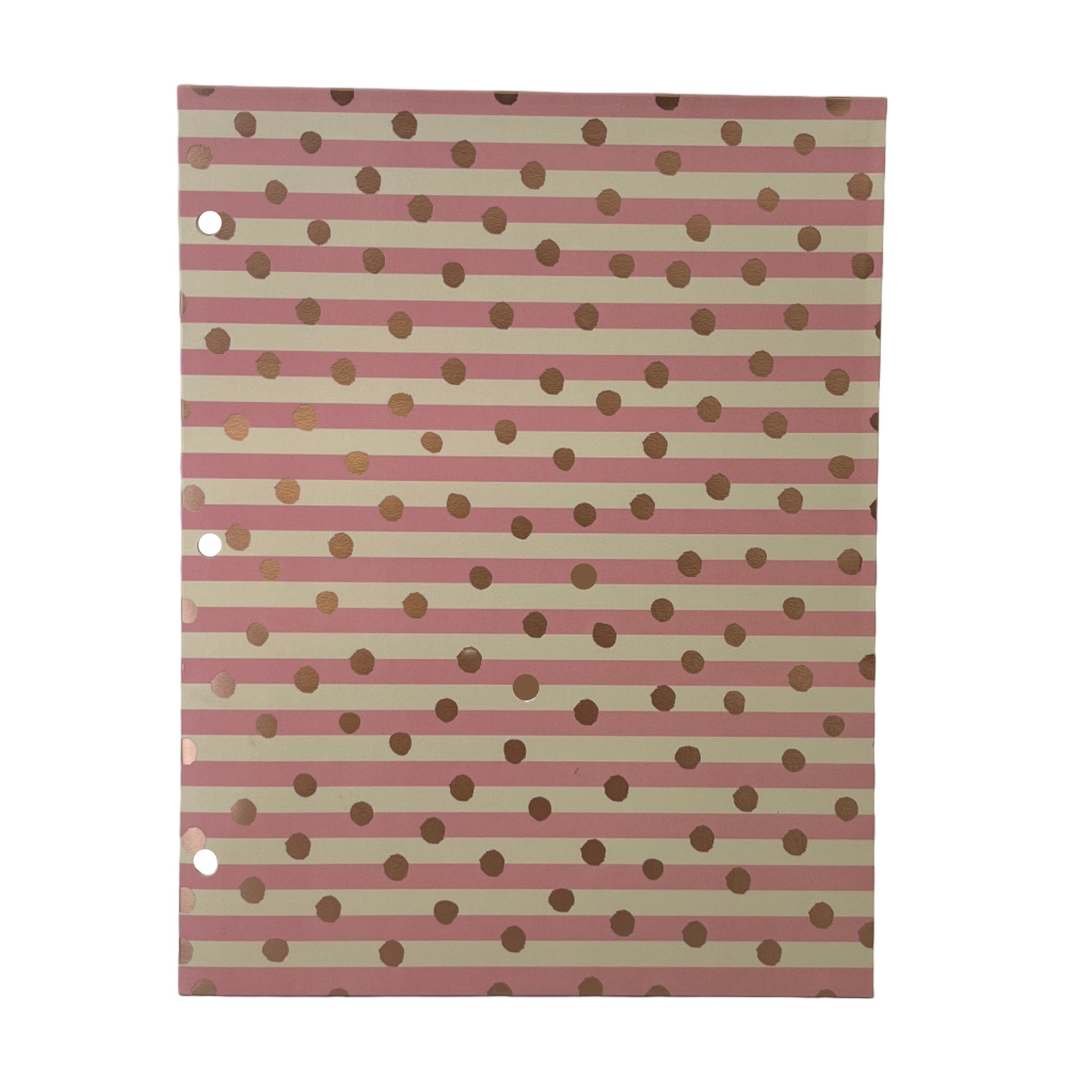 Notebook with pink and gold polka dot and striped design on a white background