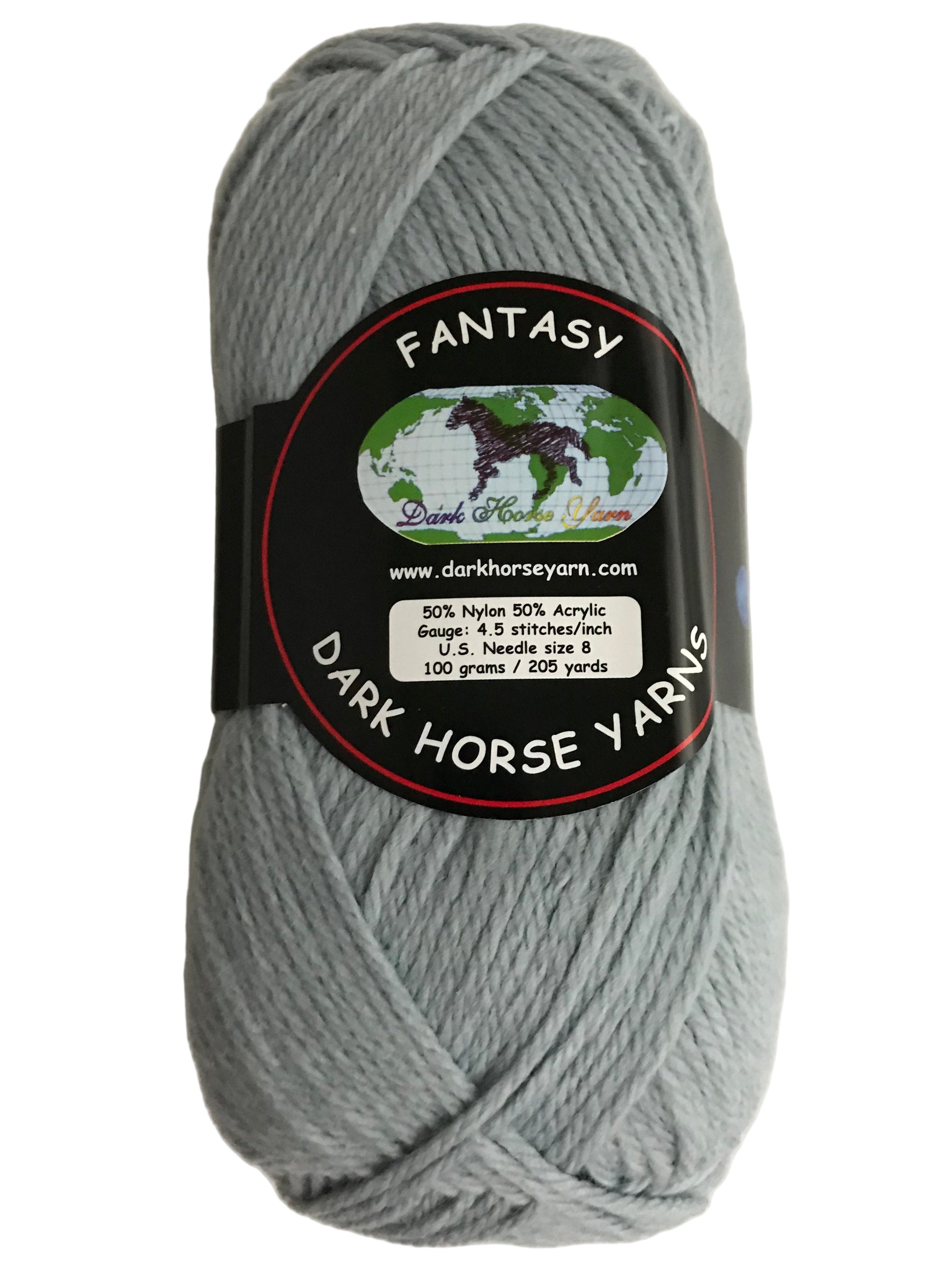 Gray skein of yarn with a 'Fantasy' label from Dark Horse Yarns on a light beige background
