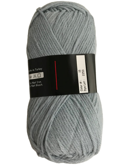 Gray skein of yarn with a label on a light gray background