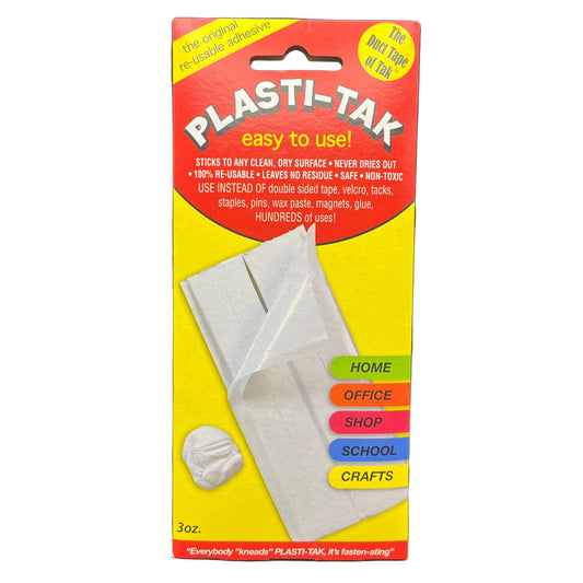 Plasti-Tak packaging with text and images on a white background