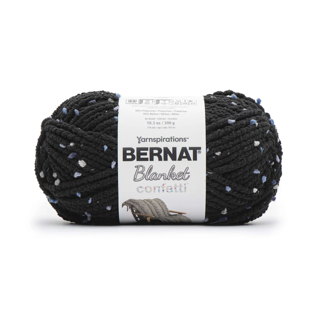 Black yarn ball with confetti pattern and Bernat label on a white background