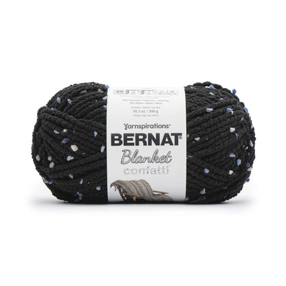 Black yarn ball with confetti pattern and Bernat label on a white background