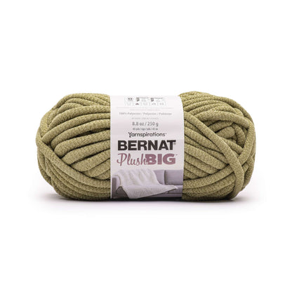 Ball of green yarn with Bernat Plush Big label on a white background