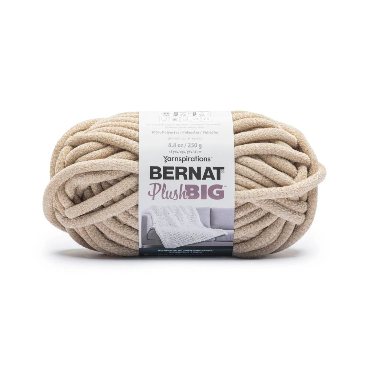 Ball of Bernat Plush Big yarn with label on a white background