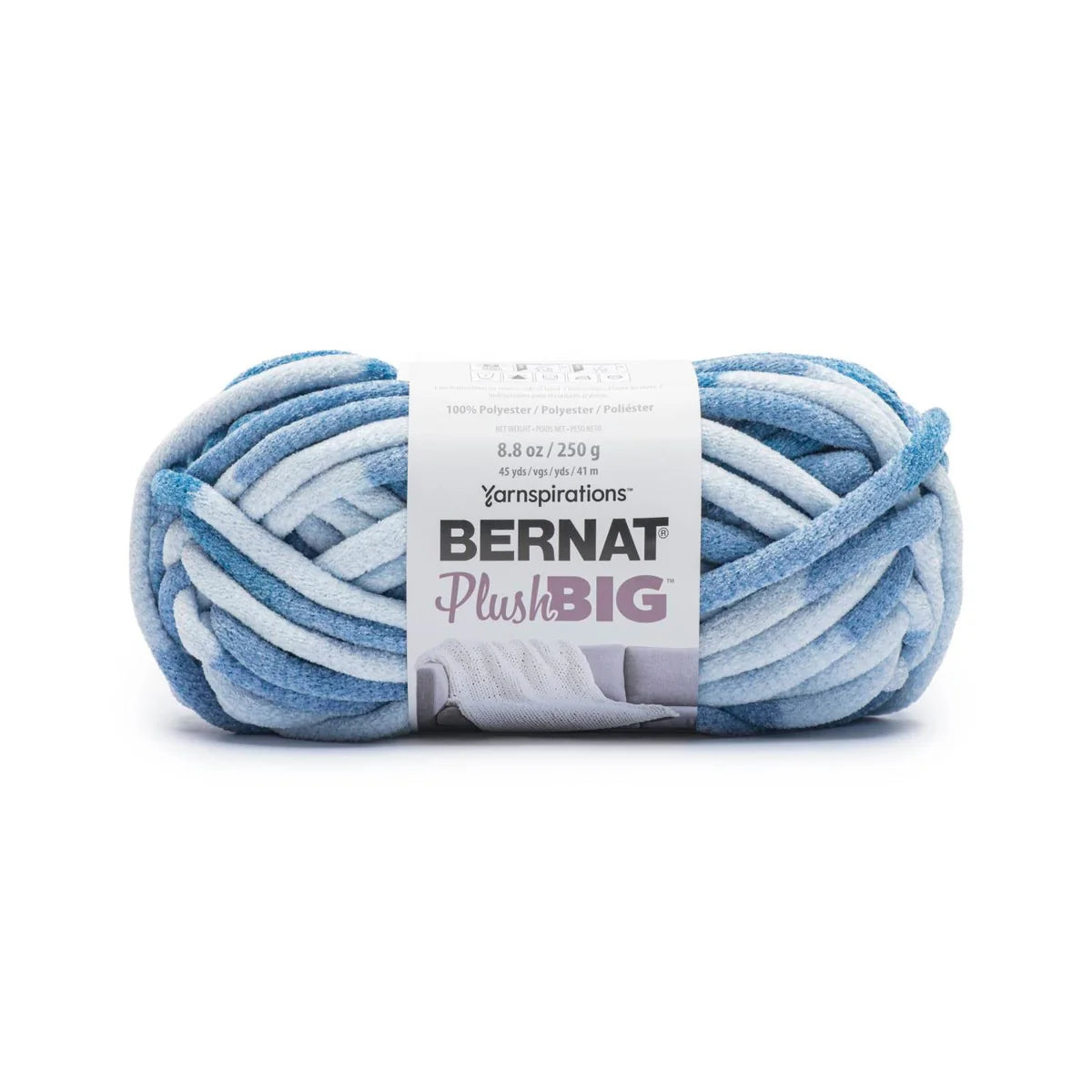 Ball of Bernat Plush Big yarn with blue and white pattern on a white background