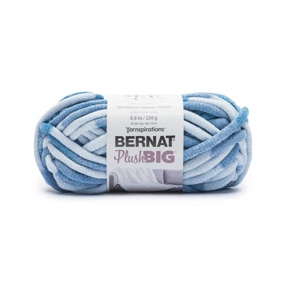 Ball of Bernat Plush Big yarn with blue and white pattern on a white background