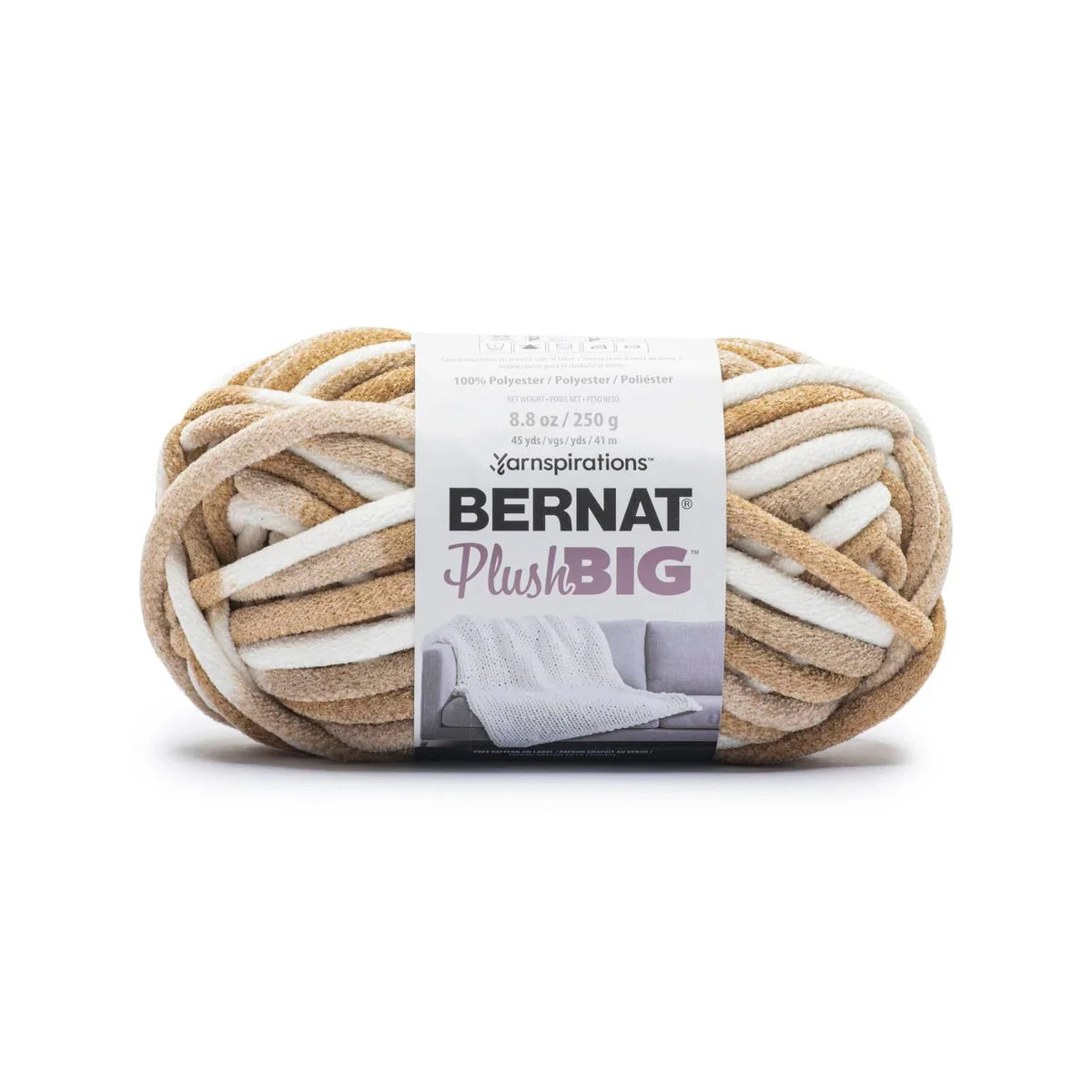 Ball of Bernat Plush Big yarn with packaging on a white background