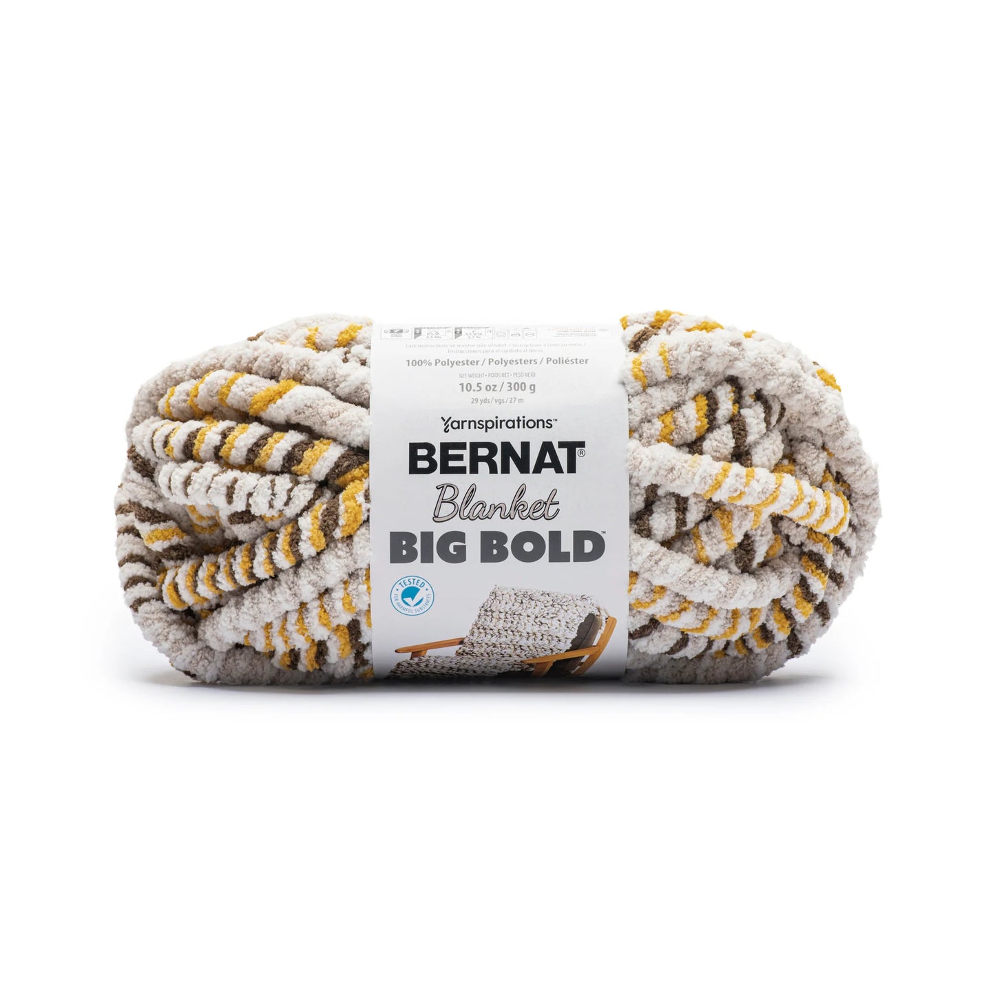 Ball of Bernat Blanket Big Bold yarn with label on a white background