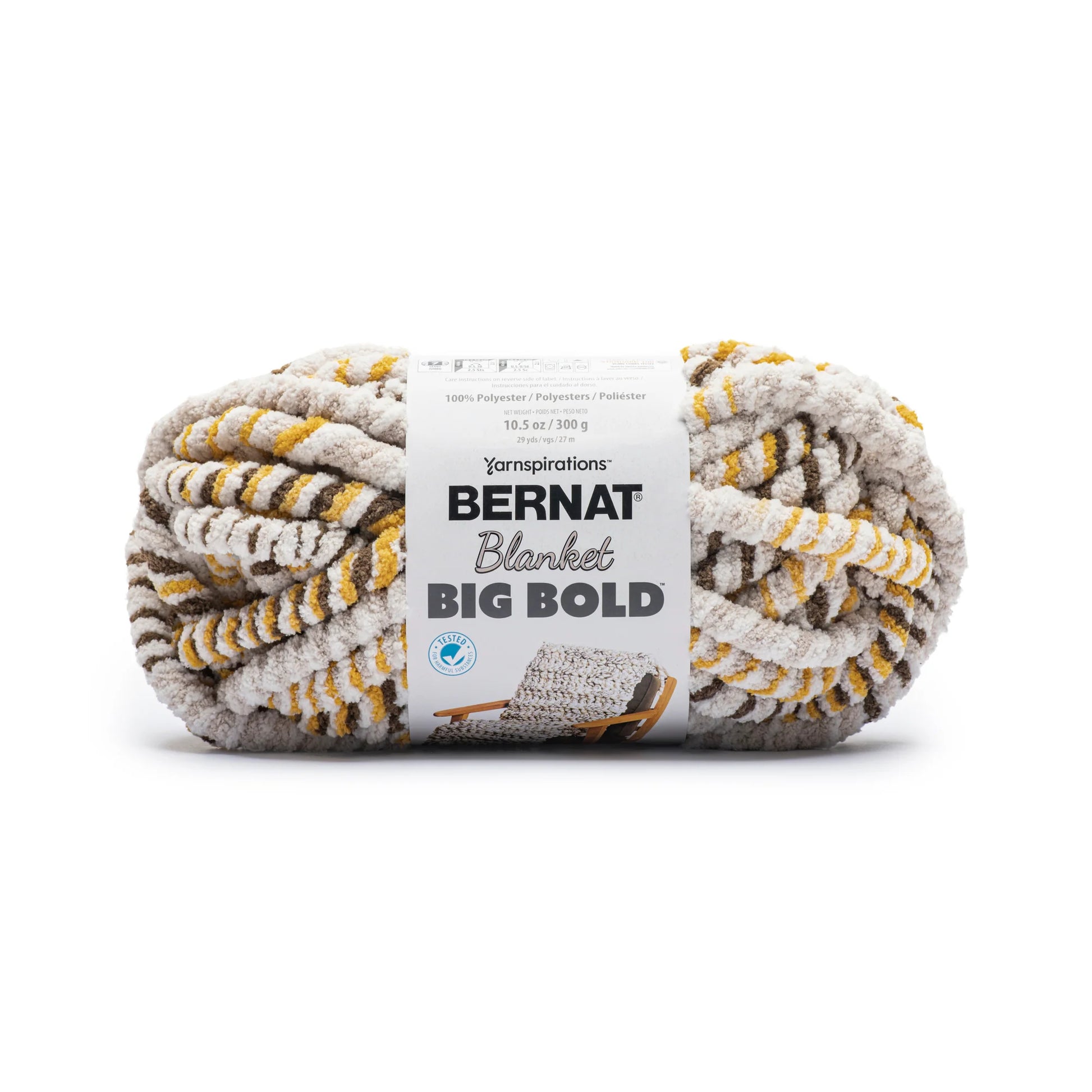 Ball of Bernat Blanket Big Bold yarn with label on a white background