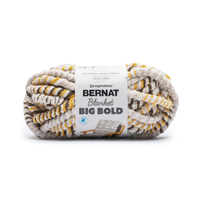 Ball of Bernat Blanket Big Bold yarn with label on a white background