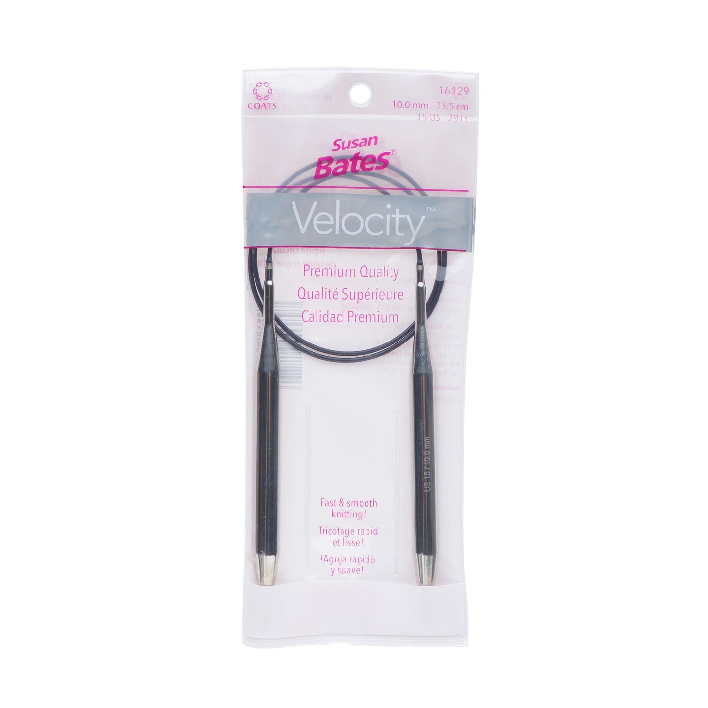 Susan Bates Velocity knitting needles in packaging on a white background