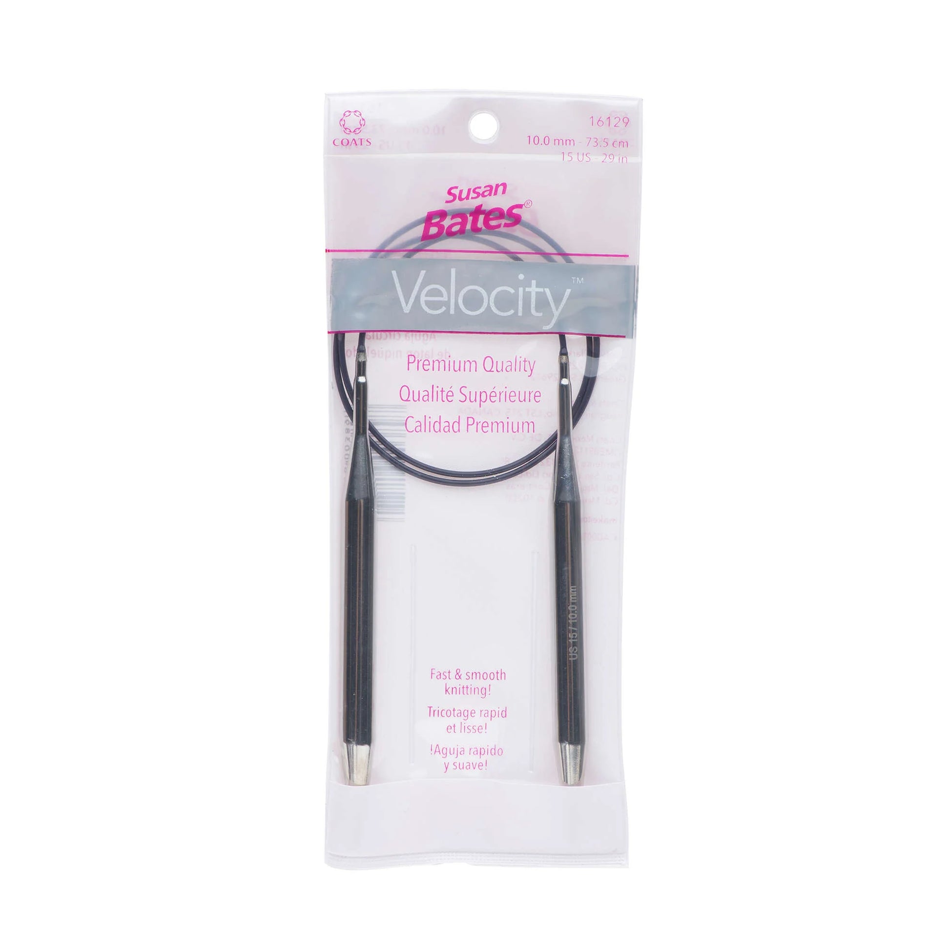 Susan Bates Velocity knitting needles in packaging on a white background