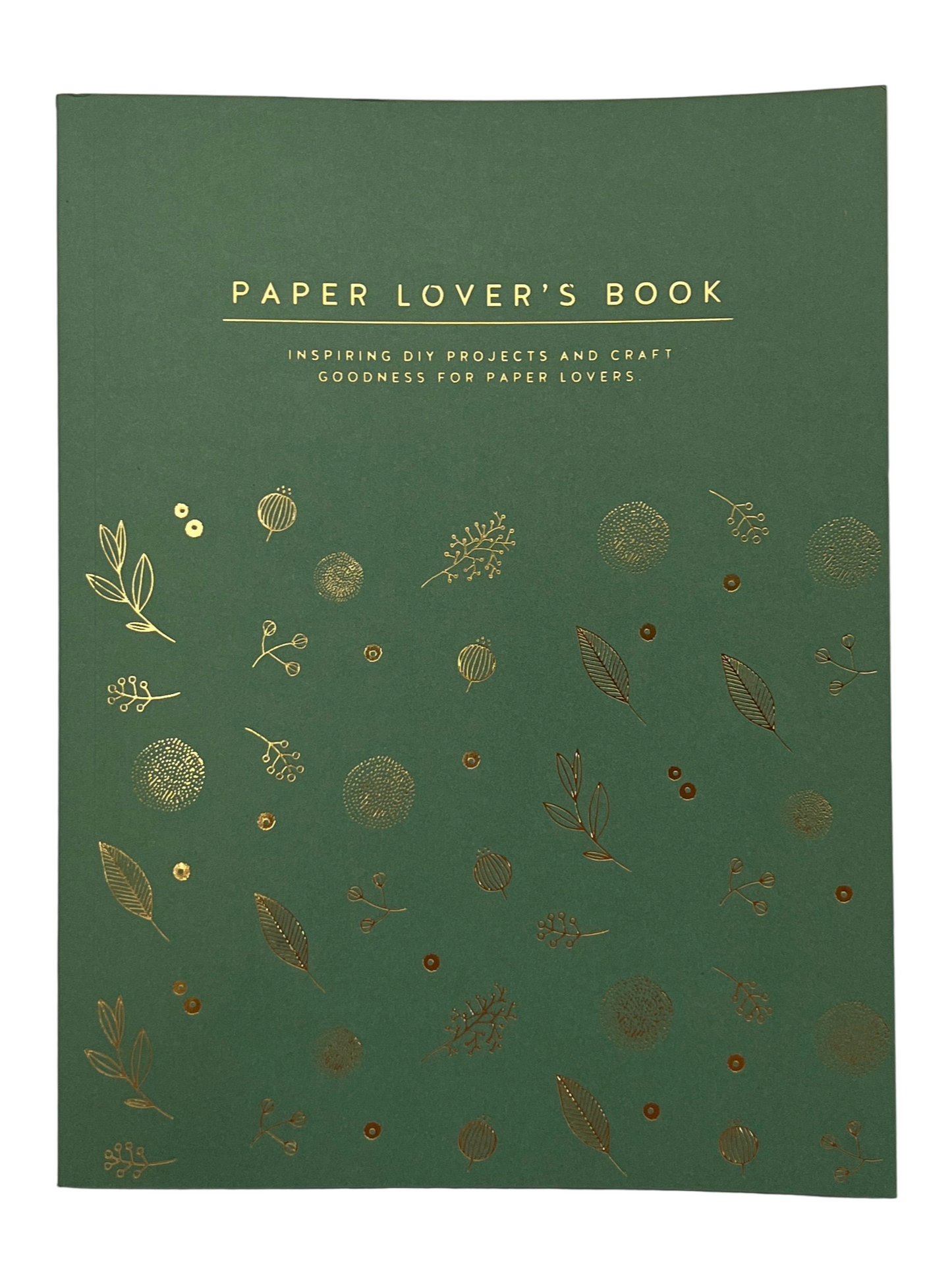 Green book titled 'Paper Lover's Book' with gold leaf patterns on a white background