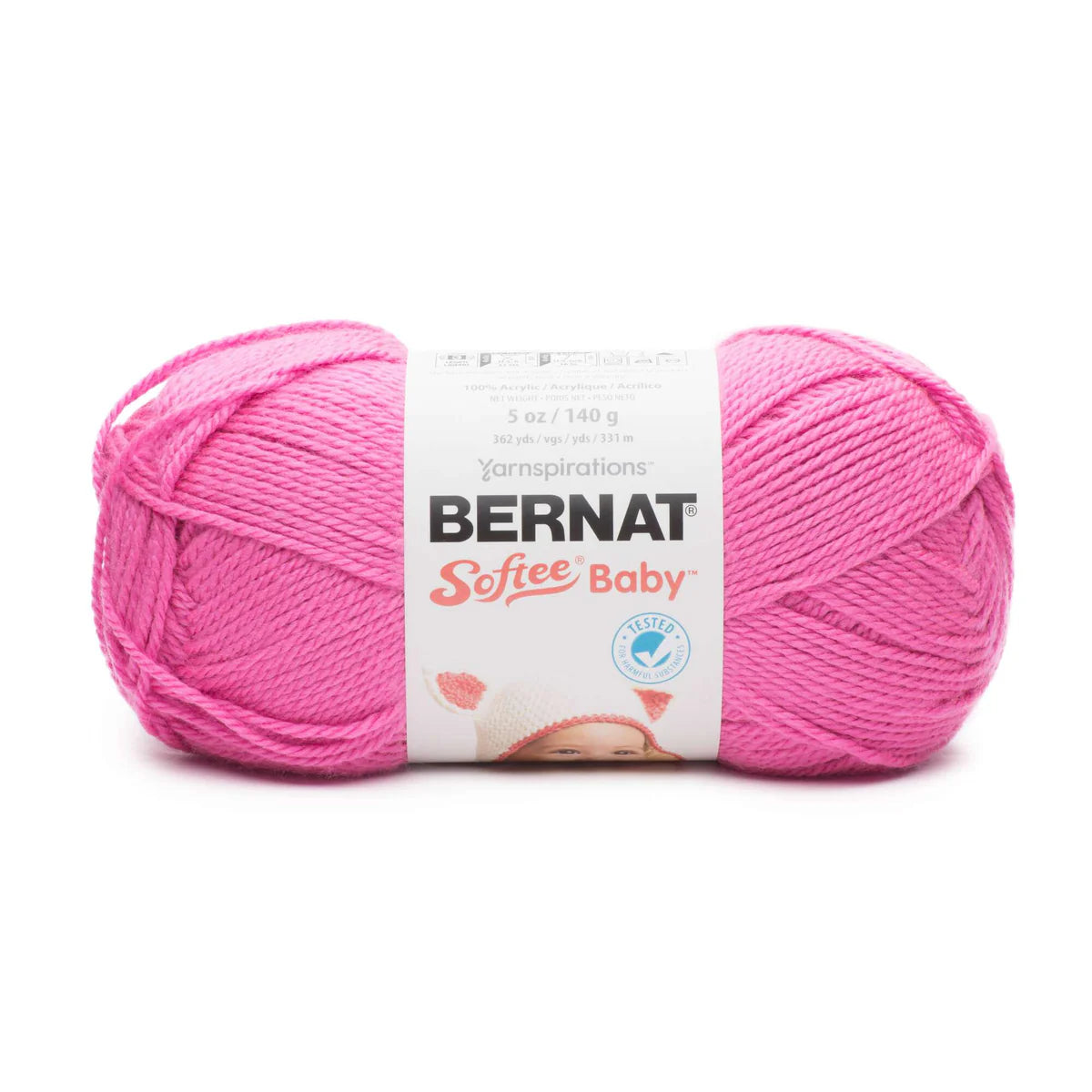 Pink skein of Bernat Softee Baby yarn on a white background